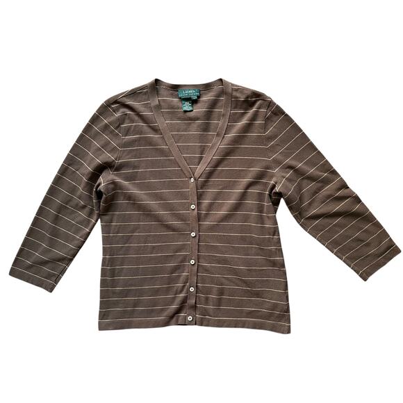 Vintage Lauren Ralph Lauren 100% Cotton Stripped Brown 3/4 Sleeve Cardigan Sz Lg - Picture 2 of 9